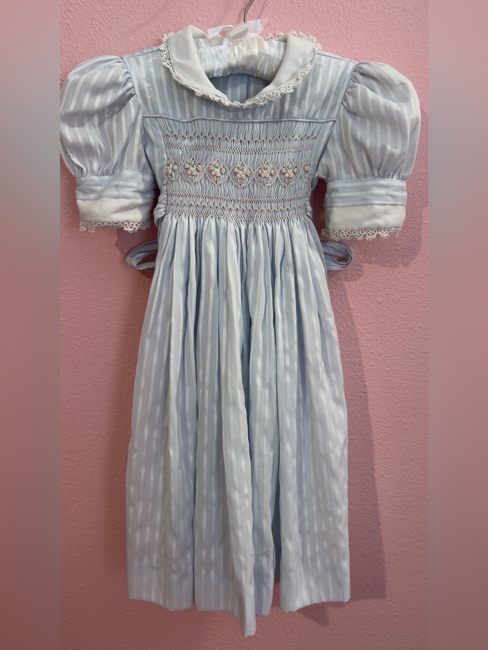 Smocked Light Blue Girls' Formal Dress with Lace Trim